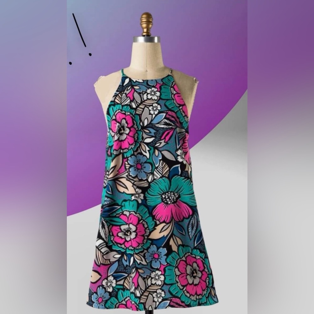 Tyche Swing Shift Mini Halter Tent Dress Colorful Floral Lilly high neck halter